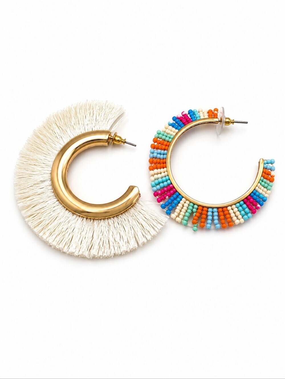 Mismatched Fuzzy Rainbow Beaded Hoop Fiesta Statement Earrings
